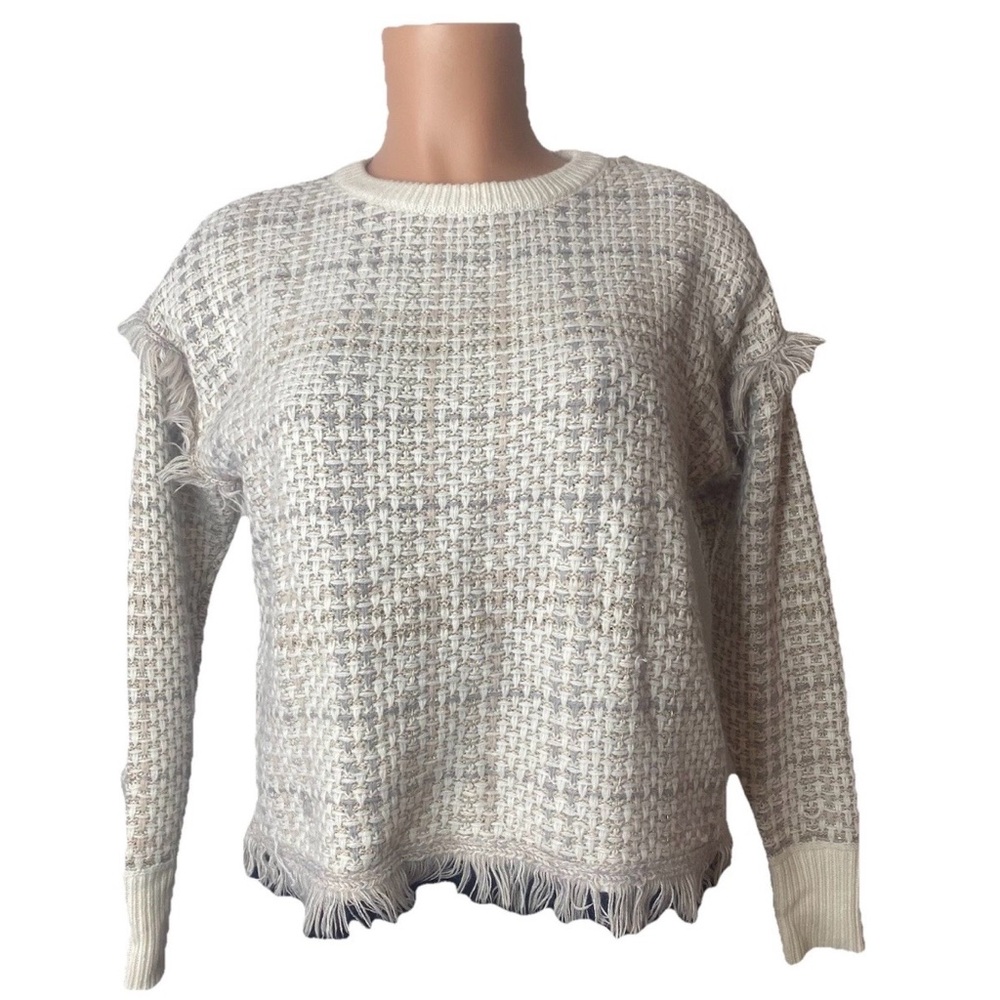 DKNY Women’s Metallic Fringe Pullover Sweater Cream Size XS Soft Comfy